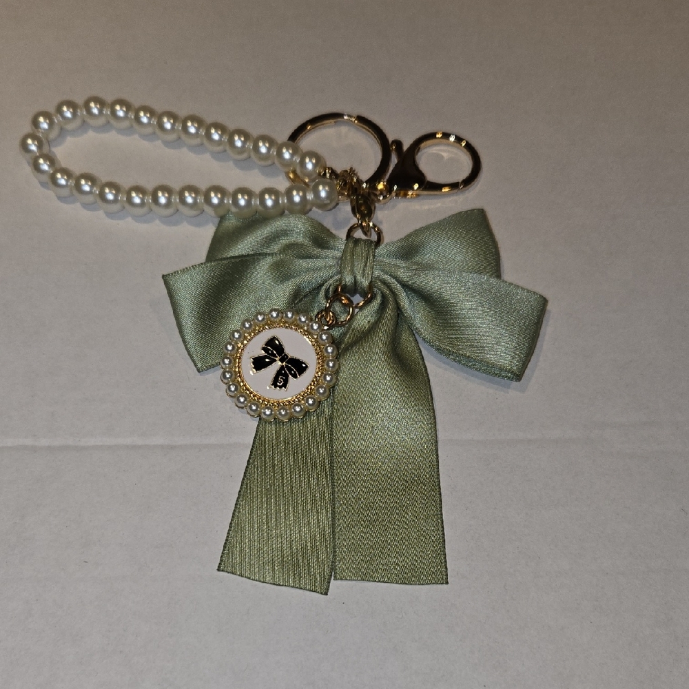Keychain/Bag Charm - Green Bow with Pearl Accents